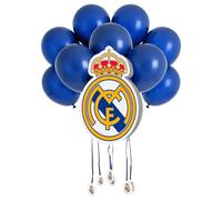 OH YEAH - Piñata de Cumpleaños Escudo 48 x 35 cm Real Madrid + 10 Globos Azul Marino 30 cm - Decoración Fiestas Infantiles - Piñatas Grandes para Rellenar con Juguetes y chuches - FÁCIL DE RELLENAR