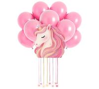 OH YEAH - Piñata de Cumpleaños Unicornio Baby Rosa 41 x 45 cm + 10 Globos Rosa Pastel 30cm - Decoración Fiestas Infantiles - Piñatas Grandes para Rellenar con Juguetes y chuches - FÁCIL DE RELLENAR