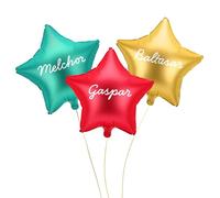 OH YEAH - Set 3 Unidades Globo Foil Estrella con Vinilo Blanco - Nombres Reyes Magos - Decoración Reyes Magos - Apto Helio y Aire - Estrellas Verde, Rojo y Oro - FÁCIL MONTAJE