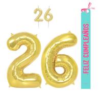 OH YEAH - Set Decoración Cumpleaños 26 Años Dorado - Globos Números Foil 100 cm + Velas + Banda Feliz Cumpleaños - Fiesta 18 20 30 40 50 60 70 80 90 Años - Hombre y Mujer - APTO HELIO
