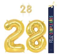 OH YEAH - Set Decoración Cumpleaños 28 Años Dorado - Globos Números Foil 100 cm + Velas + Banda Feliz Cumpleaños - Fiesta 18 20 30 40 50 60 70 80 90 Años - Hombre y Mujer - APTO HELIO