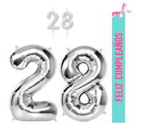 OH YEAH - Set Decoración Cumpleaños 28 Años plateado - Globos Números Foil 100 cm + Velas + Banda Feliz Cumpleaños - Fiesta 18 20 30 40 50 60 70 80 90 Años - Hombre y Mujer - APTO HELIO