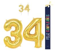 OH YEAH - Set Decoración Cumpleaños 34 Años Dorado - Globos Números Foil 100 cm + Velas + Banda Feliz Cumpleaños - Fiesta 18 20 30 40 50 60 70 80 90 Años - Hombre y Mujer - APTO HELIO