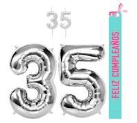 OH YEAH - Set Decoración Cumpleaños 35 Años plateado - Globos Números Foil 100 cm + Velas + Banda Feliz Cumpleaños - Fiesta 18 20 30 40 50 60 70 80 90 Años - Hombre y Mujer - APTO HELIO
