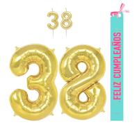 OH YEAH - Set Decoración Cumpleaños 38 Años Dorado - Globos Números Foil 100 cm + Velas + Banda Feliz Cumpleaños - Fiesta 18 20 30 40 50 60 70 80 90 Años - Hombre y Mujer - APTO HELIO