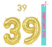 OH YEAH - Set Decoración Cumpleaños 39 Años Dorado - Globos Números Foil 100 cm + Velas + Banda Feliz Cumpleaños - Fiesta 18 20 30 40 50 60 70 80 90 Años - Hombre y Mujer - APTO HELIO