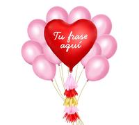 OH YEAH - Set Globos Corazón Foil PERSONALIZADO - Globo Foil Corazón con Tassel Rosa y Rojo + 10 Globos Látex Metalizado Rosa Pastel - Corazón 75 Cm - Decoración San Valentín - ELIGE TU FRASE