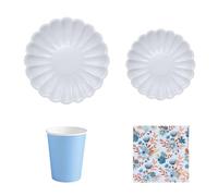 OH YEAH - Set Vajilla Desechable Fiesta 6 Personas Azul - 54 piezas - Vasos Cartón 270 cc + Platos Cartón Ø18 y Ø23 cm + Servilletas Papel - Menaje Cumpleaños y Eventos - FIESTA COLOR FLORAL