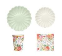 OH YEAH - Set Vajilla Desechable Fiesta 6 Personas Floral- Vasos Cartón 270 cc + Platos Cartón Ø18 y Ø23 cm + Servilletas Papel - Menaje para Cumpleaños y Eventos - FIESTA COLOR FLORAL
