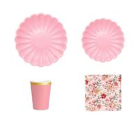 OH YEAH - Set Vajilla Desechable Fiesta 6 Personas Rosa - Vasos Cartón 270 cc + Platos Cartón Ø18 y Ø23 cm + Servilletas Papel - Menaje para Cumpleaños y Eventos - FIESTA COLOR FLORAL