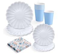 OH YEAH - Set Vajilla Desechable Fiesta 6 Personas - Vasos Cartón 270 cc + Platos Cartón Ø18 y Ø23 cm + Servilletas Papel - Menaje para Cumpleaños y Eventos - FIESTA COLOR FLORAL (Azul)