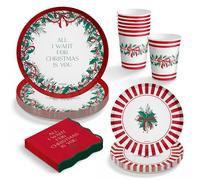 OH YEAH - Vajilla Desechable Navidad 6 Personas All I Want For Christmas - 38 piezas - Platos, Vasos, Servilletas y Mantel - Decoración Mesa Navideña - Diseño Acebo y Lazos Rojos - Celebraciones