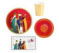 OH Yeah - Vajilla Navidad Reyes Magos - 38 Piezas - Decoración Mesa Navidad - 6 Personas - Kit Mesa - Vajilla desechable - Rojo y Dorado - Reyes Magos - DISEÑO ÚNICO
