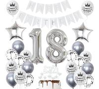 Ohaoduo Decoración 18 Años Cumpleaños Niño Niña Plata: Globos, Bandera, Decoración de Torta y Cinta