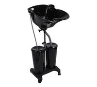 ohfruit Lavabo de champú vertical semireclinable, cuenco de champú portátil con 2 cubos y tubos de drenaje, lavabo giratorio de 270 grados, lavabo de salón portátil de altura ajustable, color negro