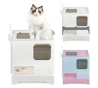 OHMG Caja de arena para gatos, caja de arena para gatos con tapa y accesorios, incluye pala y alfombrilla, caja grande XXL, bandeja extensible (azul-45 x 35 x 38 cm)