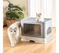 OHMG Caja de arena para gatos, con tapa+accesorios, incluye pala y alfombrilla, caja de arena para gatos, tamaño XXL, bandeja extensible (ceniza-48,5 x 36,5 x 38 cm)