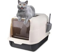 OHMG Caja de arena para gatos, con tapa y accesorios, incluye pala y alfombrilla, caja de arena para gatos, tamaño XXL, bandeja extensible (negro-36 x 51 x 34 cm)