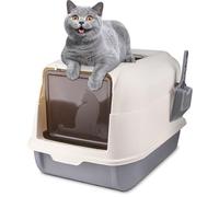 OHMG Caja de arena para gatos, con tapa y accesorios, incluye pala y alfombrilla, caja de arena para gatos, tamaño XXL, bandeja extensible (ceniza-36 x 51 x 34 cm)