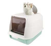 OHMG Caja de arena para gatos, con tapa y accesorios, incluye pala y alfombrilla, caja de arena para gatos, tamaño XXL, bandeja extensible (azul cielo, 36 x 51 x 34 cm)