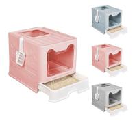 OHMG Caja de arena para gatos de acero inoxidable, con tapa+accesorios, incluye pala y alfombrilla, caja de arena para gatos cerrada, caja XXL para gatos, bandeja extensible (azul-51 x 41 x 38 cm)