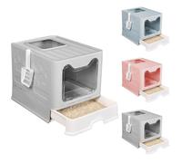 OHMG Caja de arena para gatos de acero inoxidable, con tapa+accesorios, incluye pala y alfombrilla, caja de arena para gatos, tamaño XXL, bandeja extensible (ceniza-51 x 41 x 38 cm)