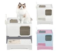 OHMG Caja de arena para gatos de acero inoxidable, con tapa+accesorios, incluye pala y alfombrilla, caja de arena para gatos, tamaño XXL, bandeja extensible (ceniza-45 x 35 x 38 cm)