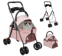 OHMG Cochecito 3 en 1 para perro y gato, cochecito compacto buggy plegable perro gato cesta almacenamiento portavasos tejido 300D Oxford impermeable 4 ruedas, ventana de red