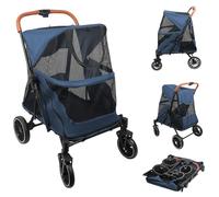 OHMG - Cochecito grande plegable para perro, portavasos, correa de seguridad, ruedas con freno de 360°, ventana de malla, aleación de aluminio, carro para perro grande