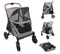 OHMG - Cochecito grande plegable para perro, portavasos, correa de seguridad, ruedas con freno de 360°, ventana de malla, aleación de aluminio, carro para perro grande