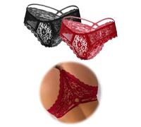ohmydear Femme Sexy String Dentelle Grande Taille Tanga Femme Slips Culottes Strings Lingerie Dentelle Lot De 2 Sous Vetements Feminins Sexy String Culottes et Slips Noir-Rouge XS/S