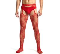 ohmydear - Mallas para hombre sexy abiertas de gran cintura baja para liguero con cintura alta elástica floral pegajosa para hombre y ropa interior transparente, rojo, XS/M