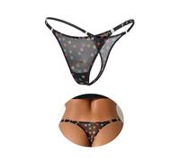 ohmydear Mini tanga de red tanga sexymujer T-Back G-String cintura baja ajustable con pedrería micro tanga seductora modelo a lunares brasileño sexy con caballo algodón, Negro , Talla única