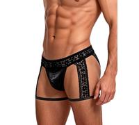 ohmydear Sissy - Lencería de encaje - Bragas sexy para hombre - Ropa interior sexy para hombre - Ropa interior sexy para hombre - Confeccionada en piel - Jockstrap - Tirantes con ligas, Negro , XL