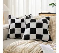 Ohocut Juego de 2 fundas de cojín a cuadros con diseño de tablero de ajedrez decorativas suaves para sofá, sofá, dormitorio, mullidas, lujosas, a cuadros, color blanco y negro, 40,6 x 40,6 cm