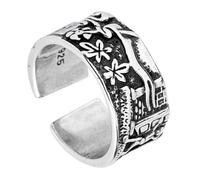 OHPHCALL Anillo de Plata Estampado de Flores Estilo Retro de Cobre para Dama, Diseño Étnico Abierto Adecuado para Decoración de Disfraces y Fotografías