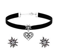 OHREN 3 pcs negro Set de joyería tradicional para mujer Collar elegante y pendientes de Edelweiß Cinta de terciopelo bávara para cuello Accesorios de Dirndl para Oktoberfest y fiestas cerveceras