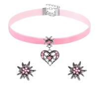 OHREN 3 pcs Rosa Conjunto de Joyas Tradicionales para Mujer Edelweiß Collar Elegante de Traje y Pendientes Edelweiß Cinta de Terciopelo Bávaro para Oktoberfest Accesorios de Dirndl
