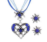 OHREN 3 Piezas Conjunto de Joyas Tradicionales Bávaras Collar con Colgante de Edelweiss y Corazón, Pendientes Edelweiss para Mujer, Accesorios de Traje Dirndl para Oktoberfest (Azul)