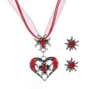 OHREN 3 Piezas Conjunto de Joyas Tradicionales Bávaras Collar de Edelweiss con Colgante de Corazón y Pendientes Edelweiss para Mujer Accesorios de Traje Dirndl para Oktoberfest y Fiestas (Rojo)