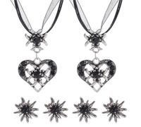 OHREN 6 Piezas Set de Joyas Tradicionales Bávaras para Dirndl con Colgante de Edelweiss en Forma de Corazón y Pendientes Edelweiss para Mujer, Accesorios para Oktoberfest y Trajes Típicos (Negro)