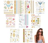 OHREN 9 Hojas Tatuajes Temporales Estilo Bohemio, Tattoos Tatoos Tatus Oro Metálico Brillante Niños, Adultos Para el Cuerpo Regalo Mujer Niña Fiesta Verano Despedida Soltera Boda Playa (Oro)