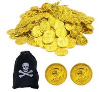 OHREN Juego de 100 monedas de oro decorativas, monedas juguete, con bolsa de almacenamiento, para búsqueda del tesoro, cumpleaños pirata y obsequios para niños