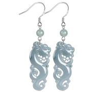 Ohrringe, Jade-Ohrringe Pendientes de dragón de jade Plata pura Dragón antiguo Agua azul Fei Cui Jadeit Ear Stud Feng Shui Riqueza Amor Amuleto Oreja Dangler Cuarzo Chakra Equilibrio Gema Prosperidad