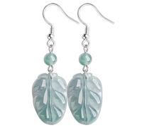Ohrringe, Jade-Ohrringe Pendientes de hoja de jade Agua azul Fei Cui Jade Hojas antiguas auspiciosas Colgante de oreja colgante Encanto de cristal Piezas de plata pura Chakra Gema Jadeit Amuleto Pendi