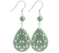 Ohrringe, Jade-Ohrringe Pendientes de jade Agua azul Fei Cui Jade Patrón de hoja auspicioso de corte hueco Gota de agua Colgante de oreja Encanto de cristal Piezas de plata pura Gema de chakra Jadeit