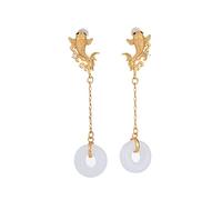 Ohrringe, Jade-Ohrringe Pendientes Pez Koi Dorado con Jade de la Suerte Elegantes for Mujeres y Niñas