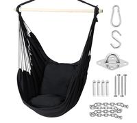 Ohuhu Silla Colgante Silla de Hamaca con 2 Cojines y Kit de instalación, Tejido de algodón para Mayor Comodidad, Durabilidad para Interiores y Exteriores, Dormitorio, Patio, Negro