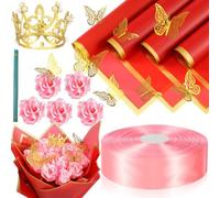 Ohulelks 74 Piezas de Ramo de Rosas Artificiales para Hacer Mismo, Ramo de Flores de Cinta Falsa, Cinta de Satén de 1-1/2 Pulgada, Papel de Regalo con Borde Dorado, Color Rosa