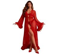 ohyeahlady Albornoz Mujer Encaje Talla Grande con Satén Cinturón Bata Kimono Largo Camisón Comodo Manga Larga Bata De Baño Larga Ropa Dormir Lencería Cárdigan Pijama Curvy Traje Camisola Rojo,XS-S